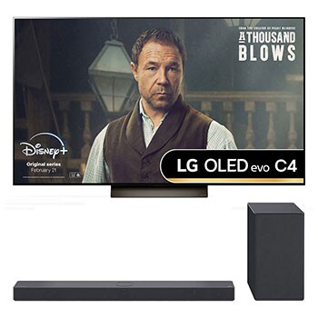 Front view of LG OLED evo OLED42C44LA TV with world’s number 1 OLED TV for 11 years emblem written in gold and Front angle view of LG Sound Bar USC9S and Woofer