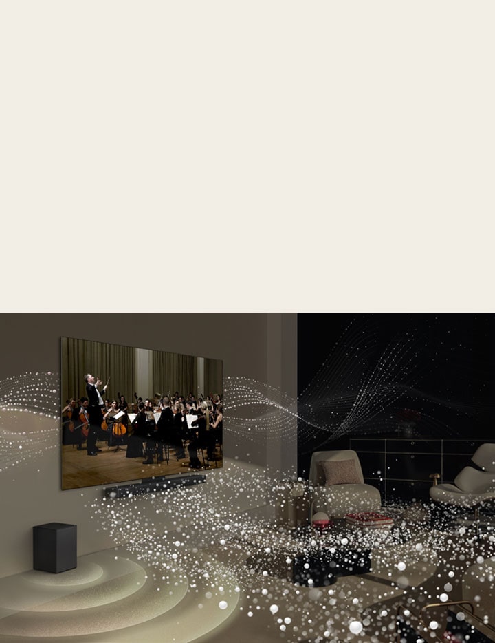 LG OLED TV and soundbar mounted on the wall in a living room and  bright shape graphics all around the room.