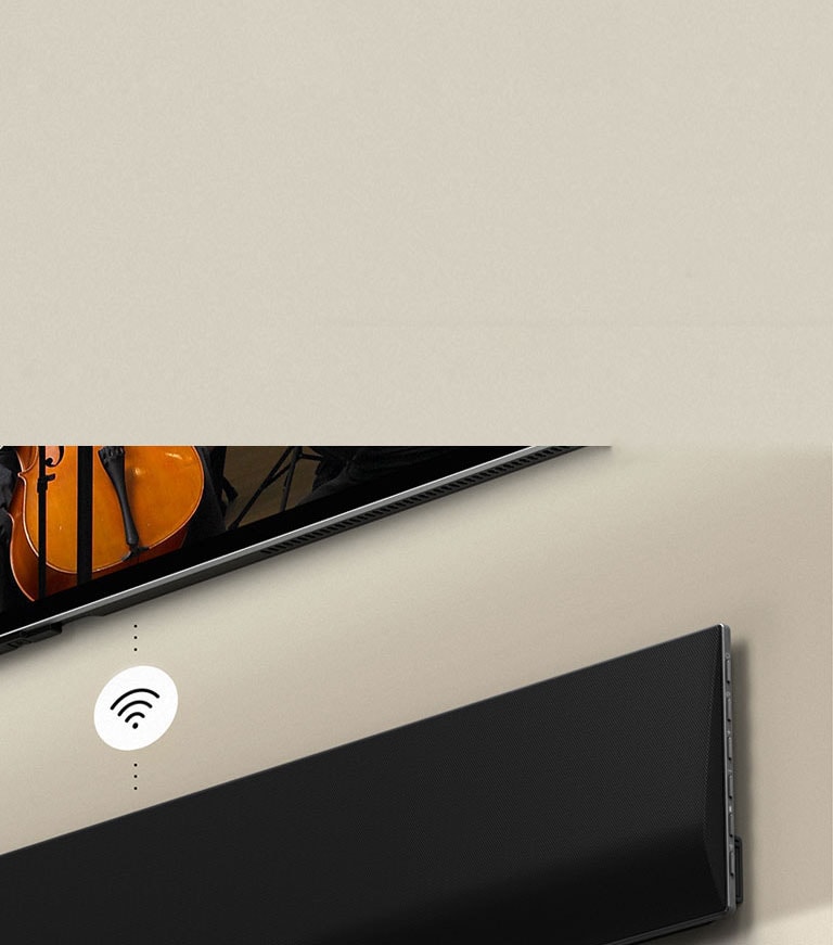 An image of an LG OLED TV and soundbar mounted on the wall with a white Wi-Fi symbol graphic in the middle.