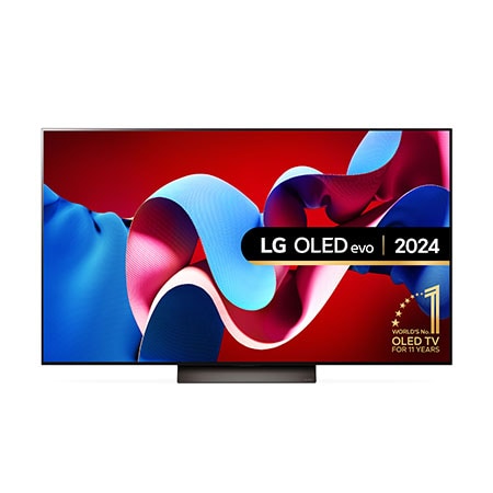 Front view with LG OLED TV, OLED C4, OLED55C44LA 11 Years of world number 1 OLED Emblem on screen with flat stand
