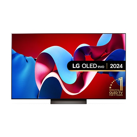Front view with LG OLED TV, OLED C4, OLED65C44LA 11 Years of world number 1 OLED Emblem on screen with flat stand