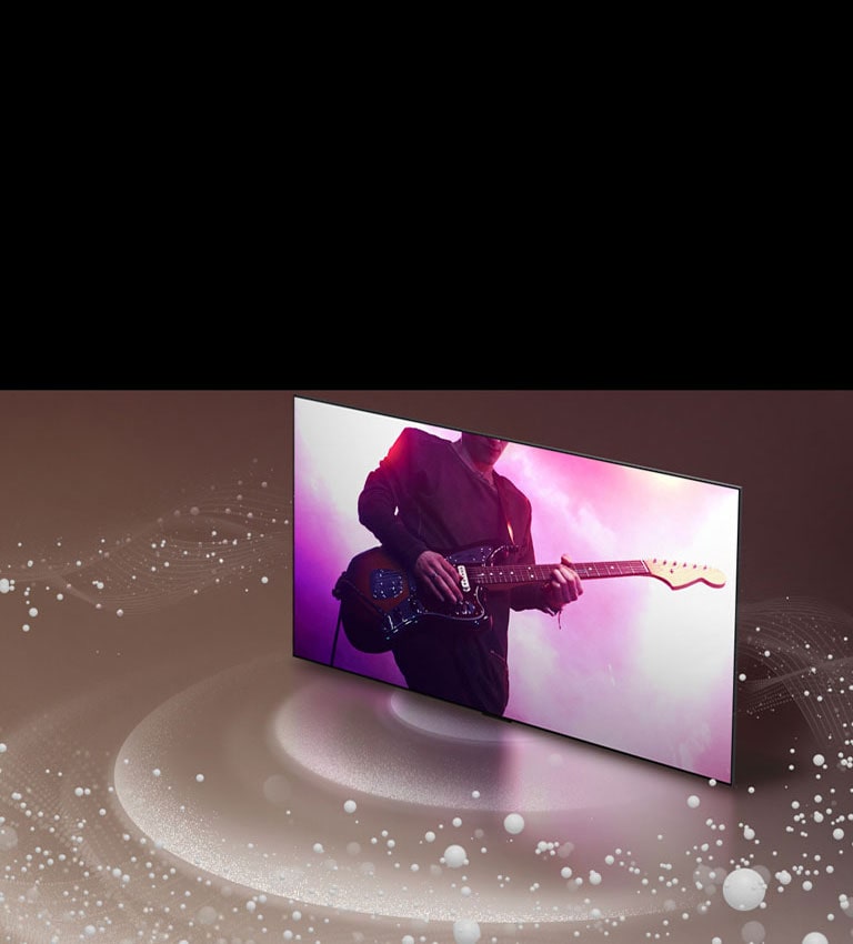 An image of an LG OLED TV as sound bubbles and waves emit from the screen and fill the space.