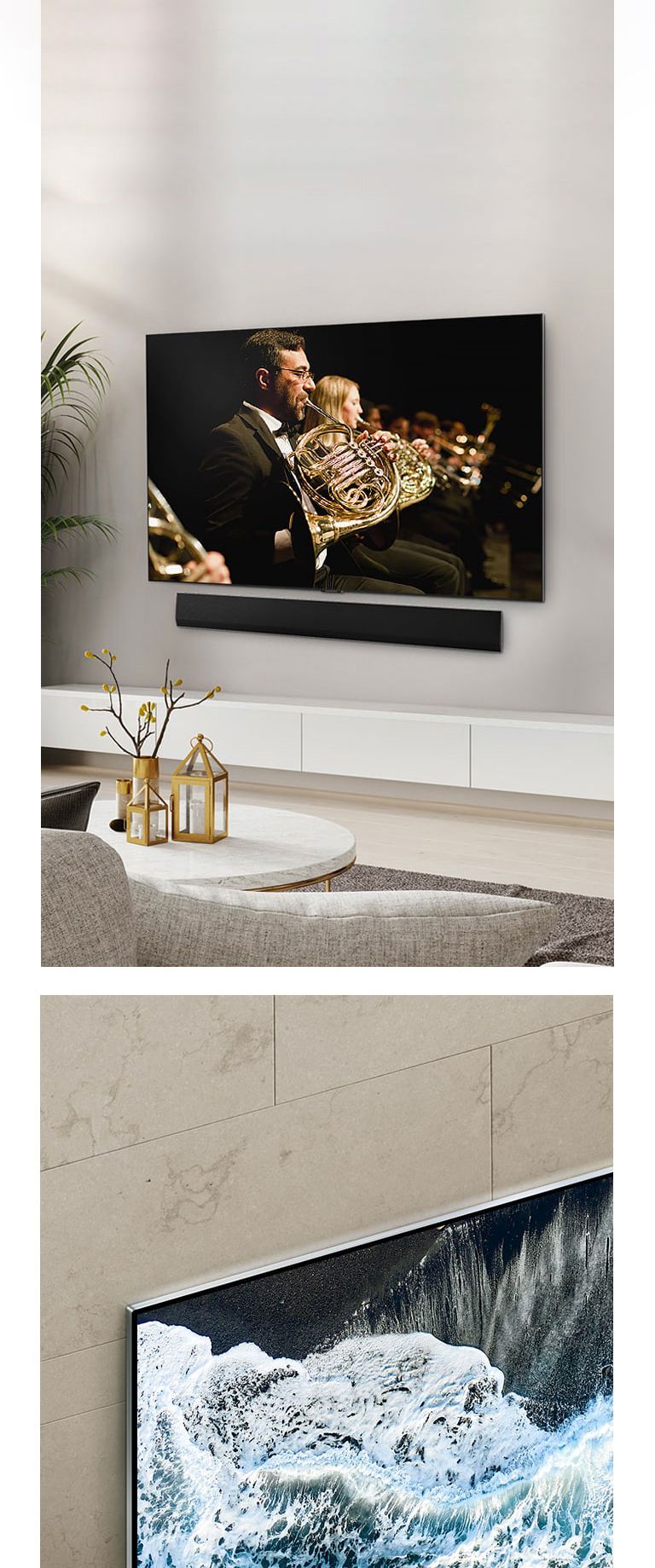 LG OLED TV, OLED G4 within an angled of perspective against a marbled wall showing how it merges against the wall. LG OLED TV, OLED G4 and an LG Soundbar in a clean living space flat against the wall with an orchestral performance playing on screen. 