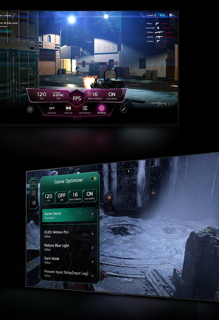 Two gaming scenes. One shows an FPS game with the Game Dashboard appearing over the screen during gameplay. The other screen shows a dark, wintery scene with the Game Optimizer menu appearing over the game.