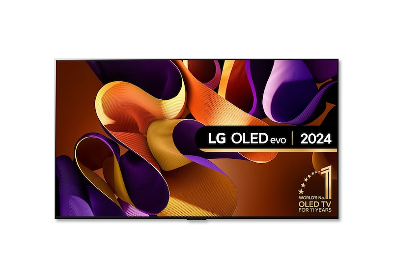 Front view with LG OLED TV, OLED G4, 11 Years of world number 1 OLED Emblem and webOS Re:New Program logo on screen with 2-pole stand
