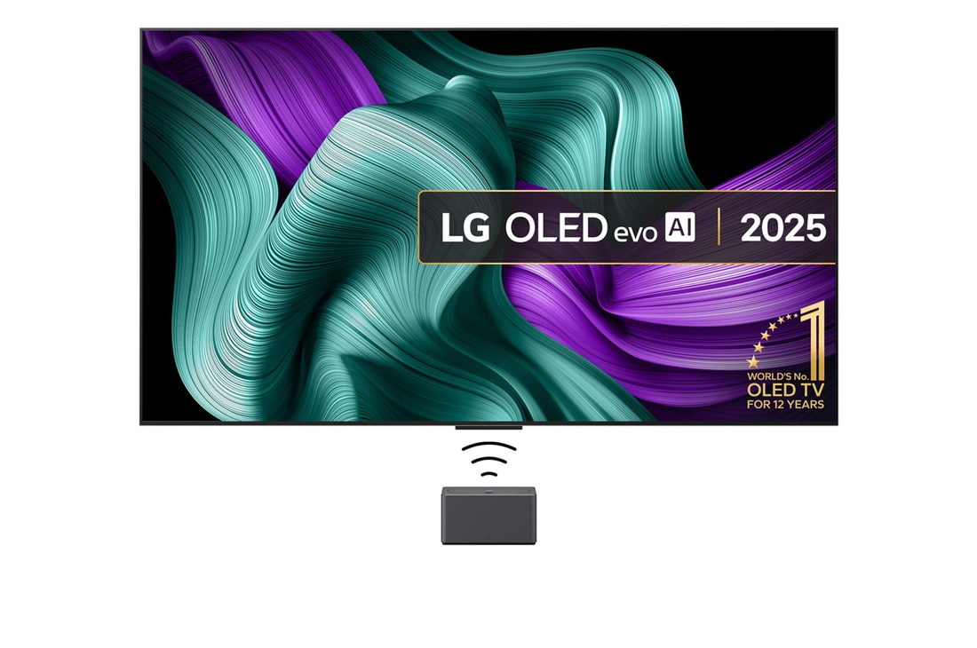 Front view of LG OLED M5 Signature TV. 12 Years of world number 1 OLED emblem and LG Signature OLED M logo are on the screen. Zero Connect Box in the corner with the title, Zero Connect Box with 4K 144Hz wireless video & audio transfer