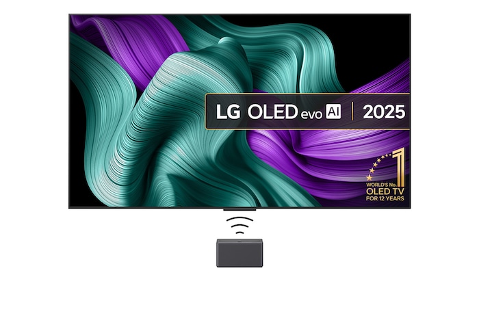 Front view of LG OLED M5 Signature TV. 12 Years of world number 1 OLED emblem and LG Signature OLED M logo are on the screen. Zero Connect Box in the corner with the title, Zero Connect Box with 4K 144Hz wireless video & audio transfer