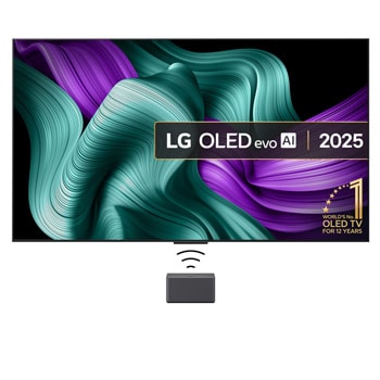 Front view of LG OLED M5 Signature TV. 12 Years of world number 1 OLED emblem and LG Signature OLED M logo are on the screen. Zero Connect Box in the corner with the title, Zero Connect Box with 4K 144Hz wireless video & audio transfer