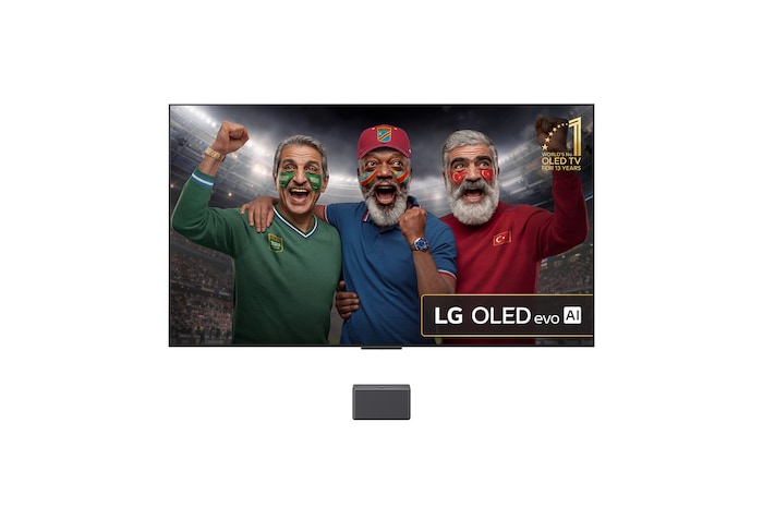 Front view of LG OLED M5 Signature TV. 12 Years of world number 1 OLED emblem and LG Signature OLED M logo are on the screen. Zero Connect Box in the corner with the title, Zero Connect Box with 4K 144Hz wireless video & audio transfer