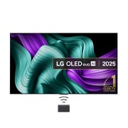 Front view of LG OLED M5 Signature TV. 12 Years of world number 1 OLED emblem and LG Signature OLED M logo are on the screen. Zero Connect Box in the corner with the title, Zero Connect Box with 4K 144Hz wireless video & audio transfer