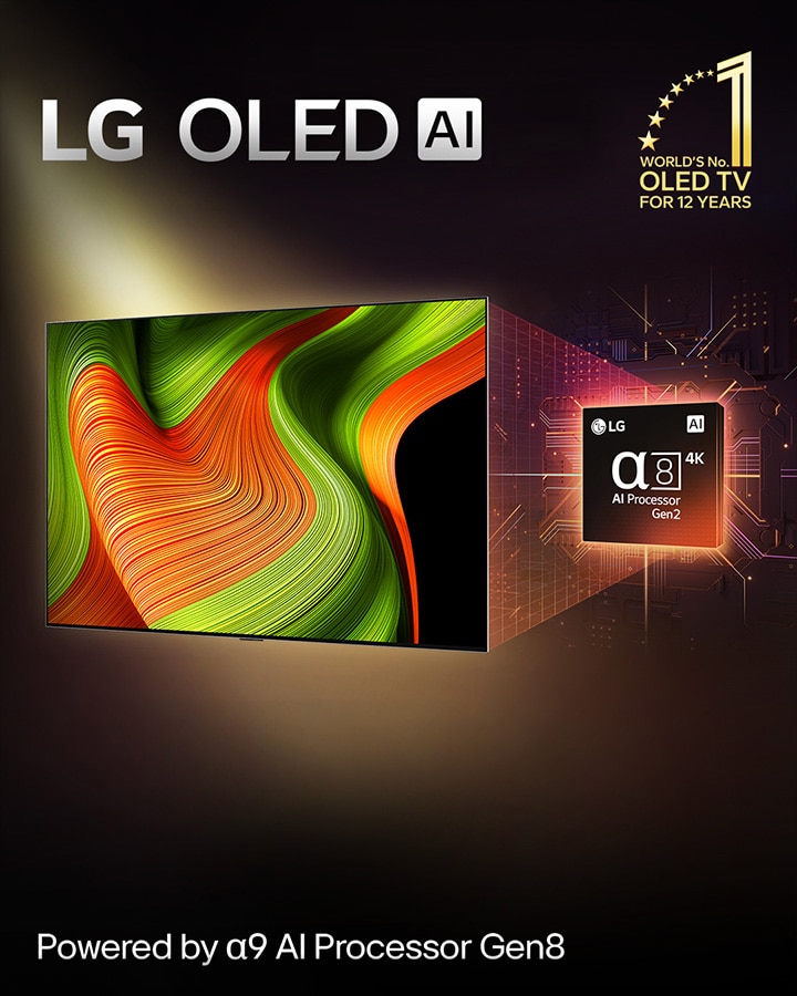 On the screen of an LG OLED evo AI TV is an abstract image with impressive detail, color, and contrast. A magnified version of the alpha 8 AI Processor Gen2 is behind the TV. It glows with light illuminating the microchip circuits around it. The title reads LG OLED evo AI. Text is also visible, powered by LG alpha 8 AI processor Gen2. A gold logo with stars is in the corner that reads, world's number one OLED TV for 12 years. 