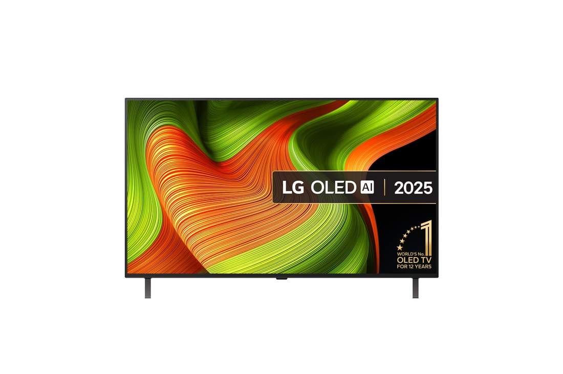 Front view of LG OLED AI B5 4K Smart TV. 12 Years of world number 1 OLED emblem and LG OLED AI 2025 logo are on the screen.