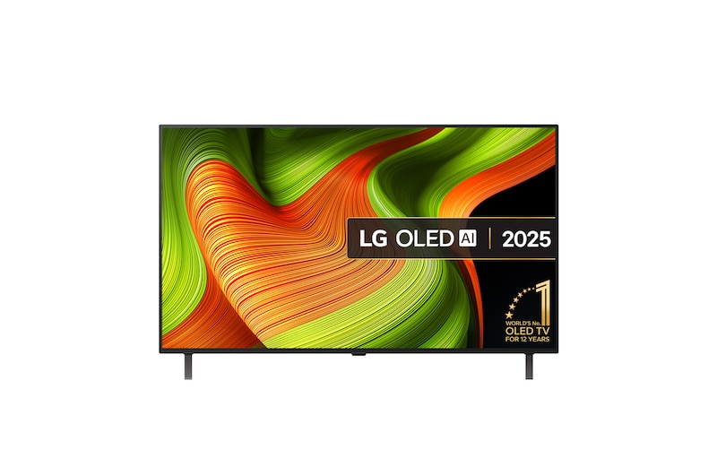 Front view of LG OLED AI B5 4K Smart TV. 12 Years of world number 1 OLED emblem and LG OLED AI 2025 logo are on the screen.