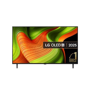Front view of LG OLED AI B5 4K Smart TV. 12 Years of world number 1 OLED emblem and LG OLED AI 2025 logo are on the screen.