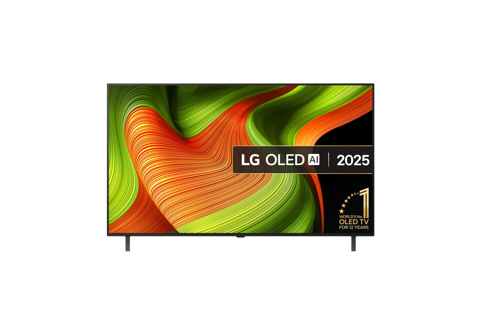 Front view of LG OLED AI B5 4K Smart TV. 12 Years of world number 1 OLED emblem and LG OLED AI 2025 logo are on the screen.