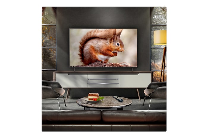 Leopard in the forest in vivid color and detail. The leopard has a grid and a light glowing behind it, indicating how LG AI Picture Pro made impressive visual enhancements to the scene's resolution, brightness, depth, and clarity.