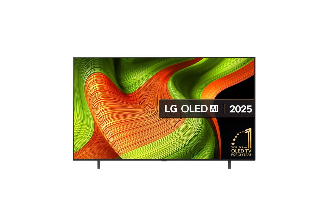 Front view of LG OLED AI B5 4K Smart TV. 12 Years of world number 1 OLED emblem and LG OLED AI 2025 logo are on the screen.