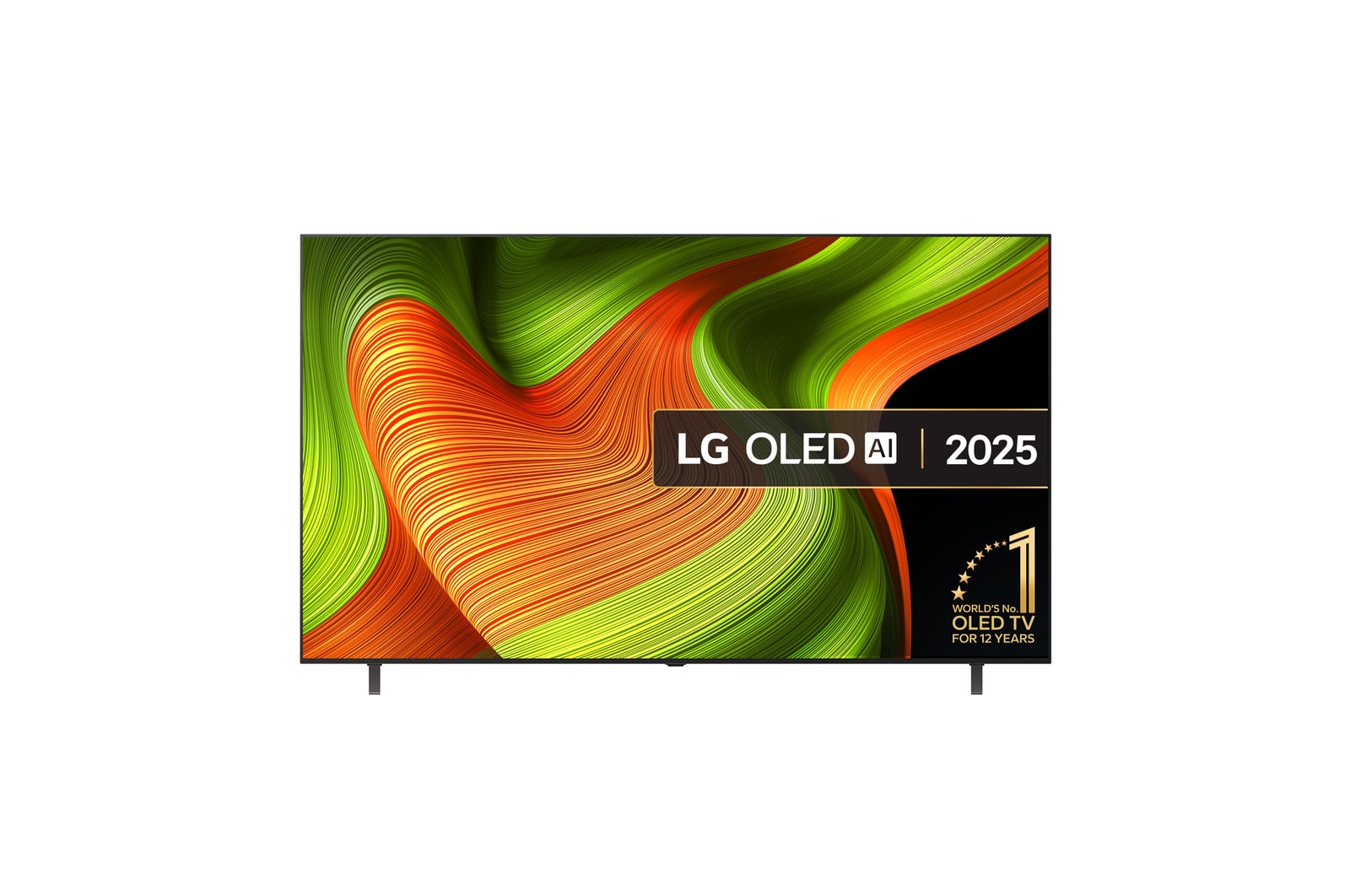 Front view of LG OLED AI B5 4K Smart TV. 12 Years of world number 1 OLED emblem and LG OLED AI 2025 logo are on the screen.