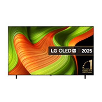 Front view of LG OLED AI B5 4K Smart TV. 12 Years of world number 1 OLED emblem and LG OLED AI 2025 logo are on the screen.
