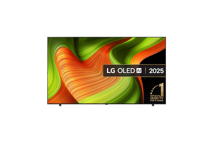 Front view of LG OLED AI B5 4K Smart TV. 12 Years of world number 1 OLED emblem and LG OLED AI 2025 logo are on the screen.