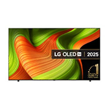 Front view of LG OLED AI B5 4K Smart TV. 12 Years of world number 1 OLED emblem and LG OLED AI 2025 logo are on the screen.