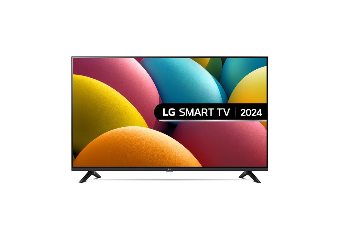 Front view of LG HD TV, LR60 with text of LG SMART TV AI and 2024 on screen with 2-pole stand