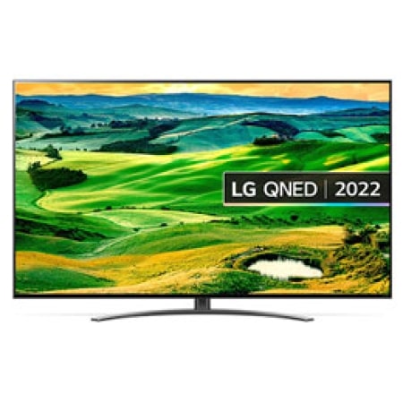 A front view of the LG QNED TV with infill image and product logo on