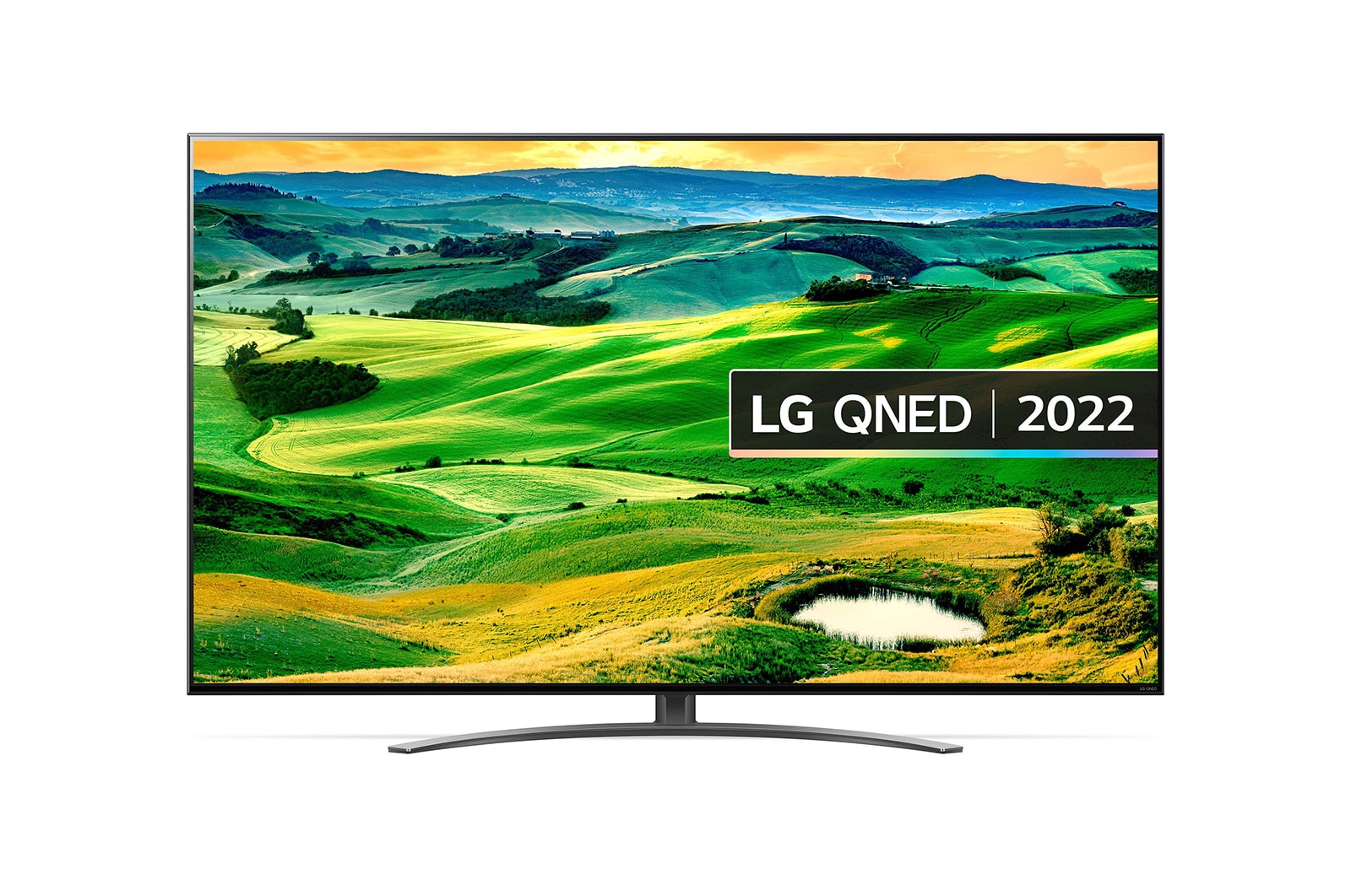 A front view of the LG QNED TV with infill image and product logo on