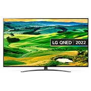 A front view of the LG QNED TV with infill image and product logo on