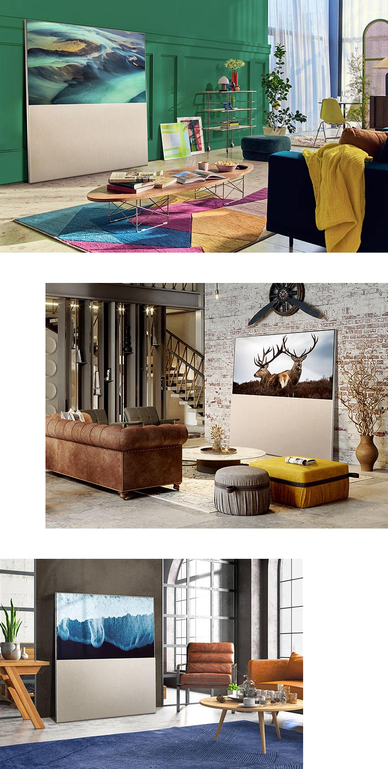 EASEL in Full View seen blending into the decor of three living rooms. EASEL displays sand dunes on-screen while leaning against a green wall surrounded by colourful objects. EASEL displays moose on-screen while leaning against a brick wall in front of a leather sofa. EASEL displays waves crashing on-screen in an industrial-inspired interior.