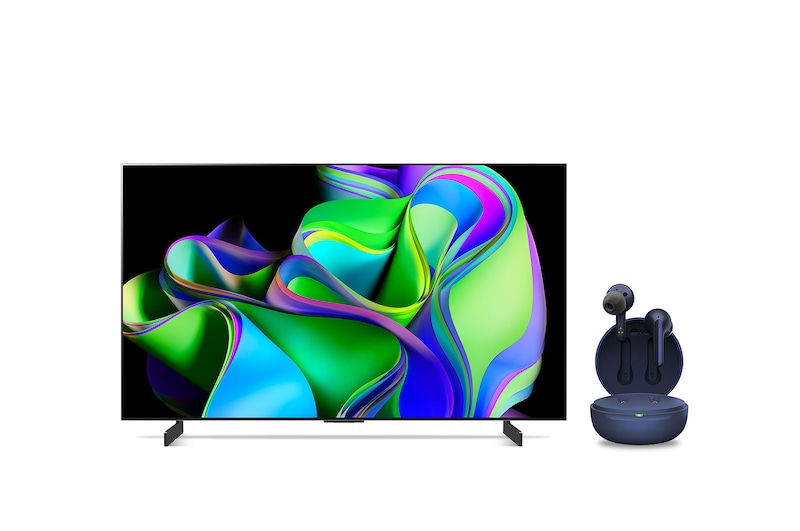 Front view of LG OLED evo C3 42 inch 4K Smart TV 2023 & LG TONE Free UFP3 Earbuds OLED42C34.UFP3