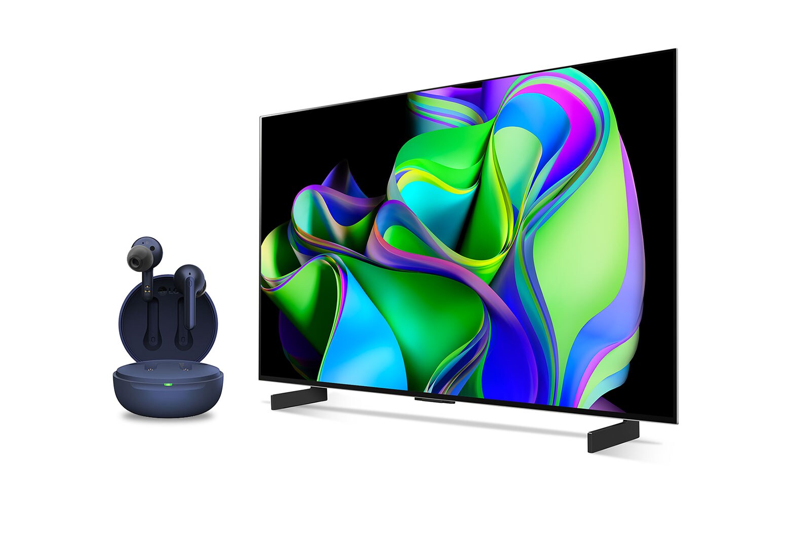  side view LG OLED evo C3 42 inch 4K Smart TV 2023 & LG TONE Free UFP3 Earbuds