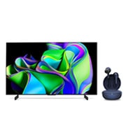 Front view of LG OLED evo C3 42 inch 4K Smart TV 2023 & LG TONE Free UFP3 Earbuds OLED42C34.UFP3