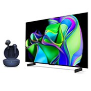  side view LG OLED evo C3 42 inch 4K Smart TV 2023 & LG TONE Free UFP3 Earbuds