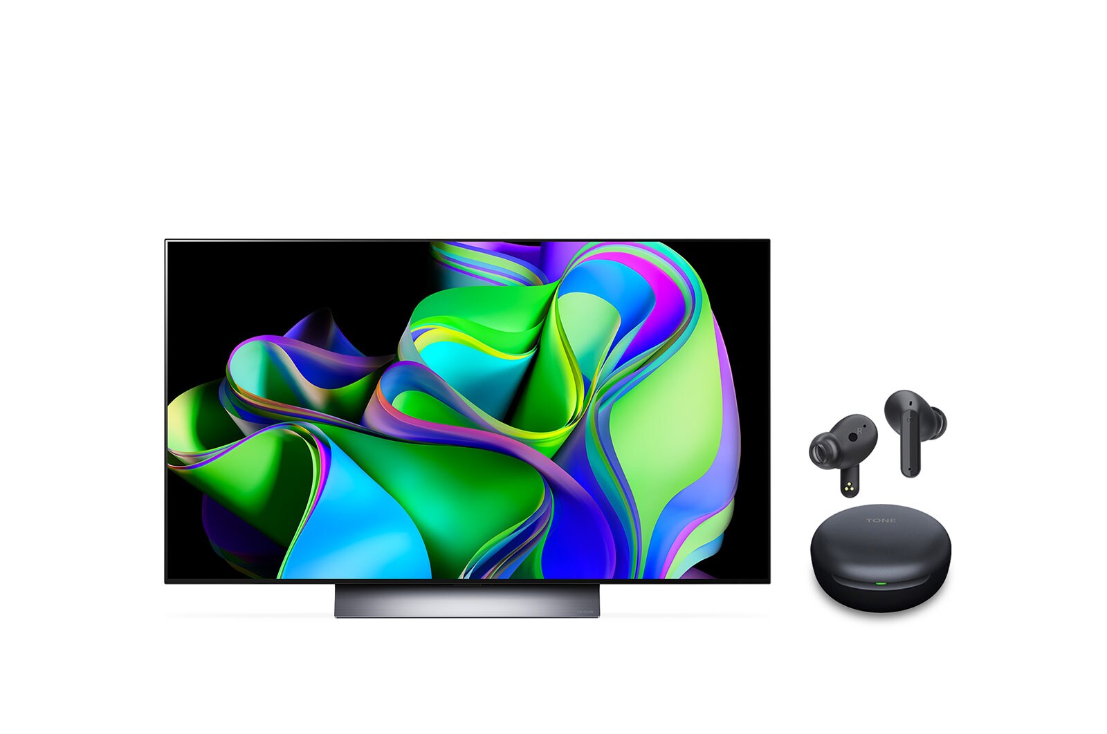 Front view of LG OLED evo C3 48 inch 4K Smart TV 2023 & LG TONE Free UFP5 Earbuds OLED48C34.UFP5