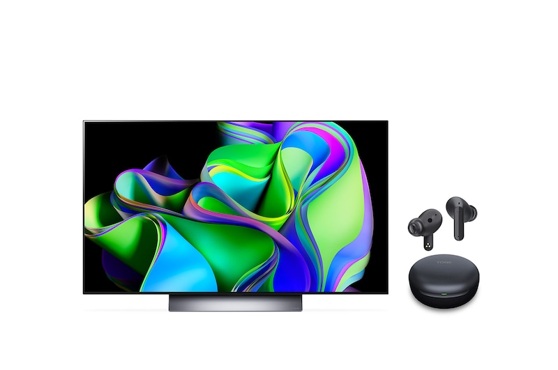 Front view of LG OLED evo C3 48 inch 4K Smart TV 2023 & LG TONE Free UFP5 Earbuds OLED48C34.UFP5