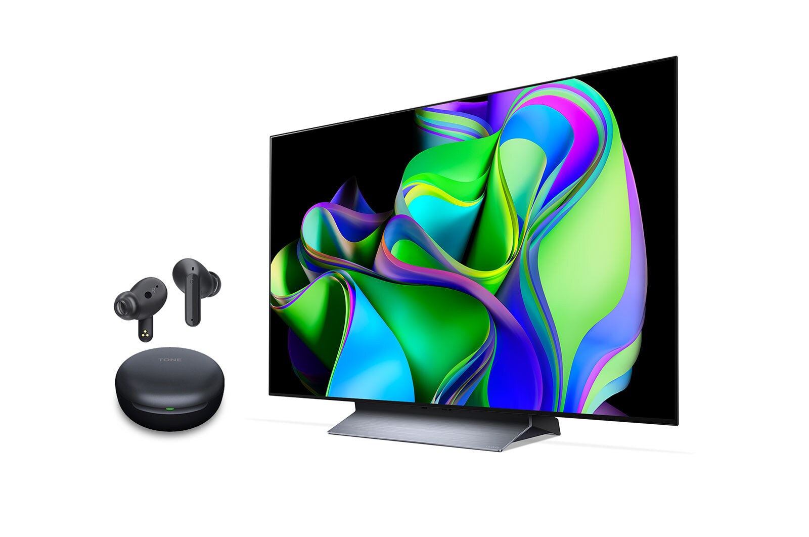  side view LG OLED evo C3 48 inch 4K Smart TV 2023 & LG TONE Free UFP3 Earbuds