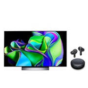 Front view of LG OLED evo C3 48 inch 4K Smart TV 2023 & LG TONE Free UFP5 Earbuds OLED48C34.UFP5