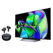  side view LG OLED evo C3 48 inch 4K Smart TV 2023 & LG TONE Free UFP3 Earbuds