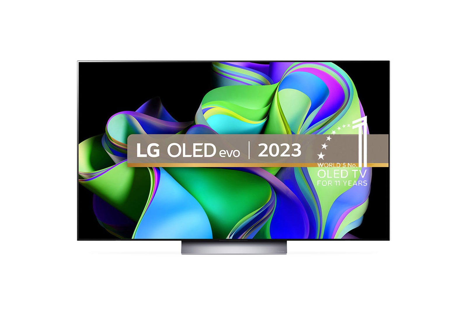 Front view with LG OLED evo, 10 Years World No.1 OLED Emblem, and 5-Year Panel Warranty logo on screen