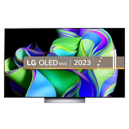 Front view with LG OLED evo, 10 Years World No.1 OLED Emblem, and 5-Year Panel Warranty logo on screen