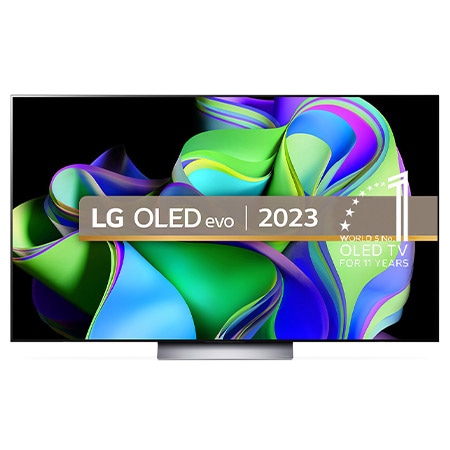 Front view with LG OLED evo, 10 Years World No.1 OLED Emblem, and 5-Year Panel Warranty logo on screen