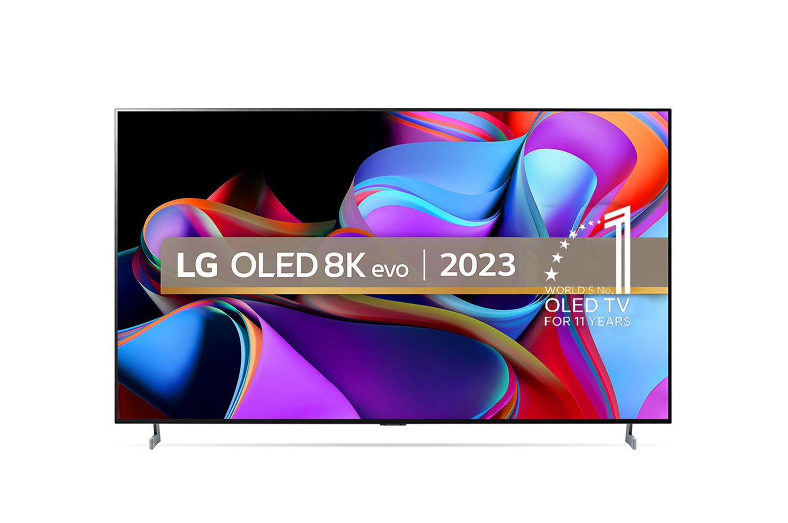 Front view with LG OLED 8K evo, 10 Years World No.1 OLED Emblem, and 5-Year Panel Warranty logo on screen.
