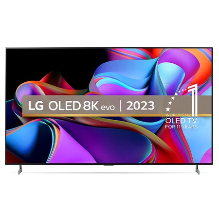 Front view with LG OLED 8K evo, 10 Years World No.1 OLED Emblem, and 5-Year Panel Warranty logo on screen.