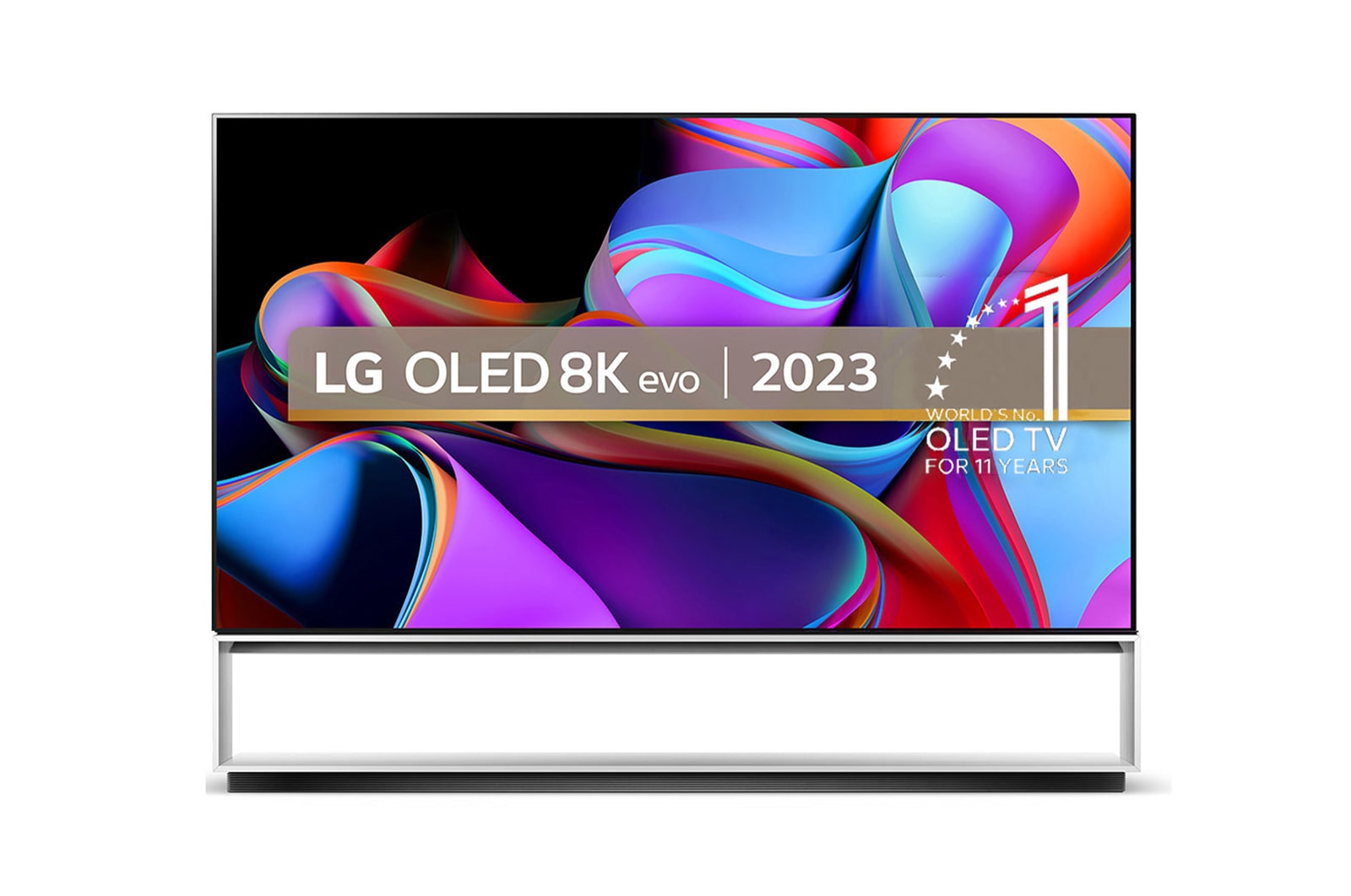 Front view with LG OLED 8K evo, 10 Years World No.1 OLED Emblem, and 5-Year Panel Warranty logo on screen.