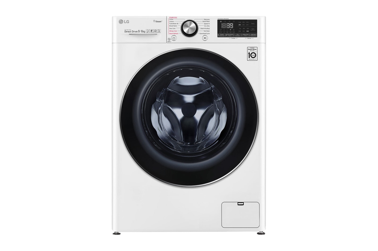 Front view of LG Turbowash360™ FWV996WTS 9/6Kg 1400 Spin Washer Dryer – White FWV996WTS