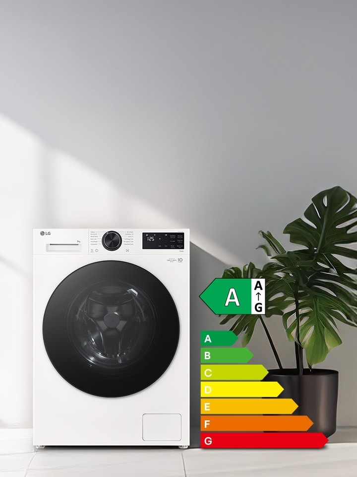 Image showing a washing machine in the living room with an A rating for energy efficiency next to it, consuming 30% less electricity