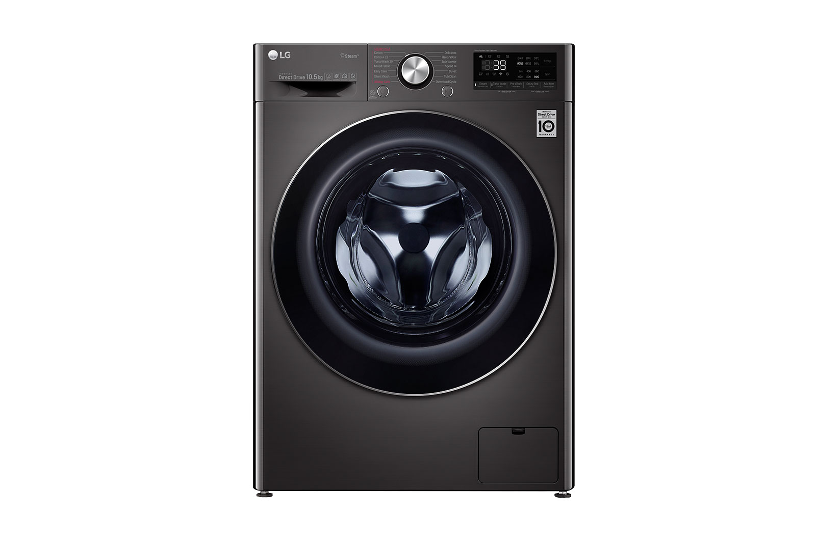 Front view of LG Turbowash360™ F4V910BTS 10.5kg Washing Machine - Black Steel F4V910BTS