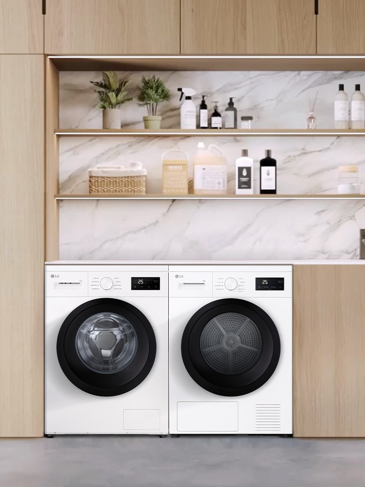A front-load washer and dryer set in laundry space	