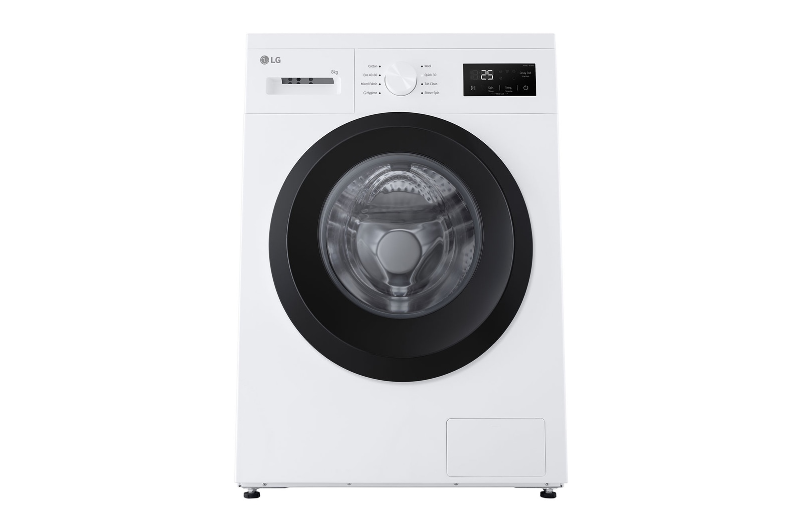 Image of a smiling woman holding a white towel while kneeling in front of a washing machine in a living room. Text: 'Pre Wash': Pre Wash takes on deep-seated dirt, leaving your clothes refreshingly clean.